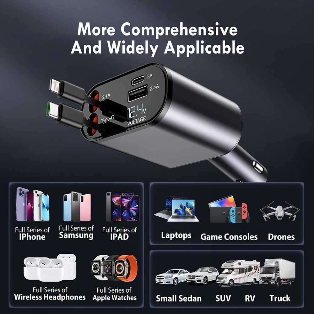 120W Fast Car Charger – Retractable Type-C Cable & 4-Port Universal Mobile Charger for All Devices