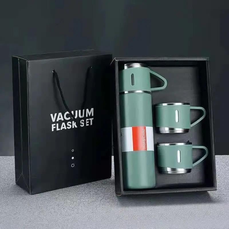 Double Wall Stainless Steel Bottle 500ml – Vacuum Insulated Hot & Cold Water Flask with 2 Cups (Multicolor)
