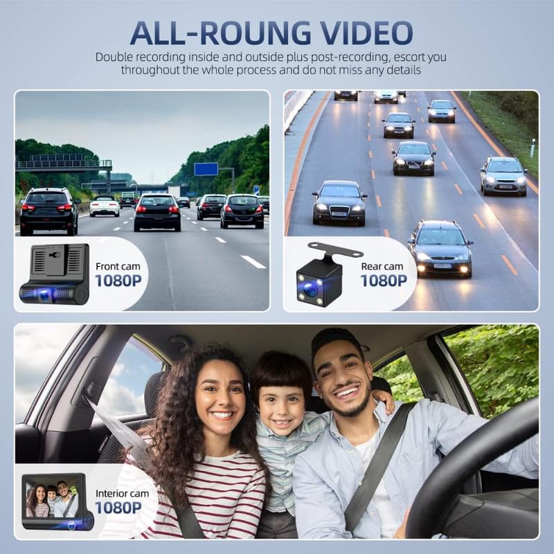 3-Way Dash Cam with Full HD Recording – Front, Cabin & Rear Camera with G-Sensor and Motion Detection