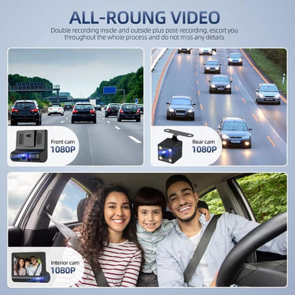 3-Way Dash Cam with Full HD Recording – Front, Cabin & Rear Camera with G-Sensor and Motion Detection