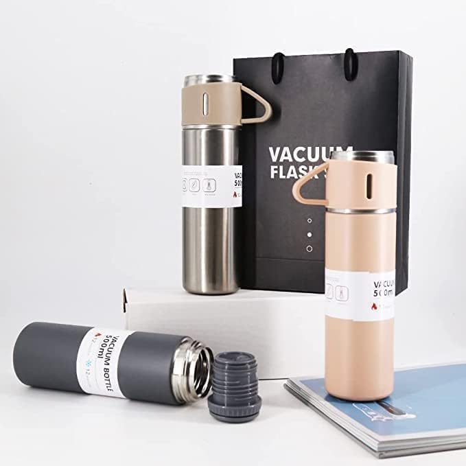 Double Wall Stainless Steel Bottle 500ml – Vacuum Insulated Hot & Cold Water Flask with 2 Cups (Multicolor)