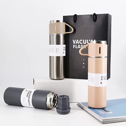 Double Wall Stainless Steel Bottle 500ml – Vacuum Insulated Hot & Cold Water Flask with 2 Cups (Multicolor)