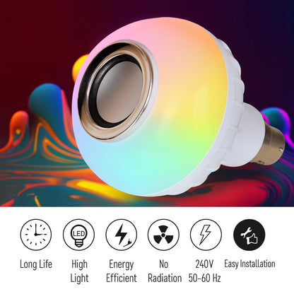 12W Bluetooth Music LED Bulb with Speaker – RGB Color Changing B22 Bulb with Remote (16 Colors)