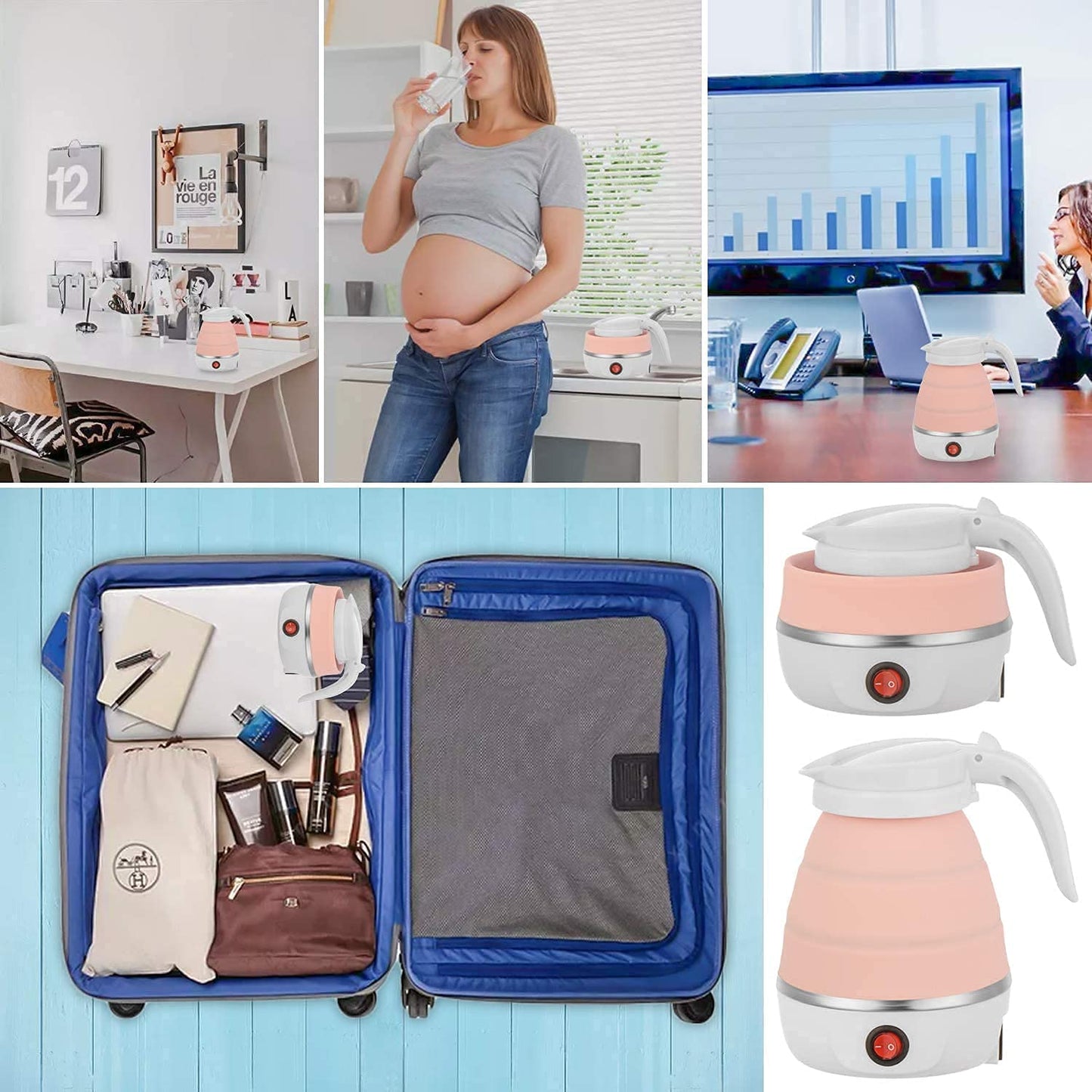 Travel Folding Electric Kettle 600ml – Portable Fast Boiling Silicone Kettle with Boil-Dry Protection (600W)