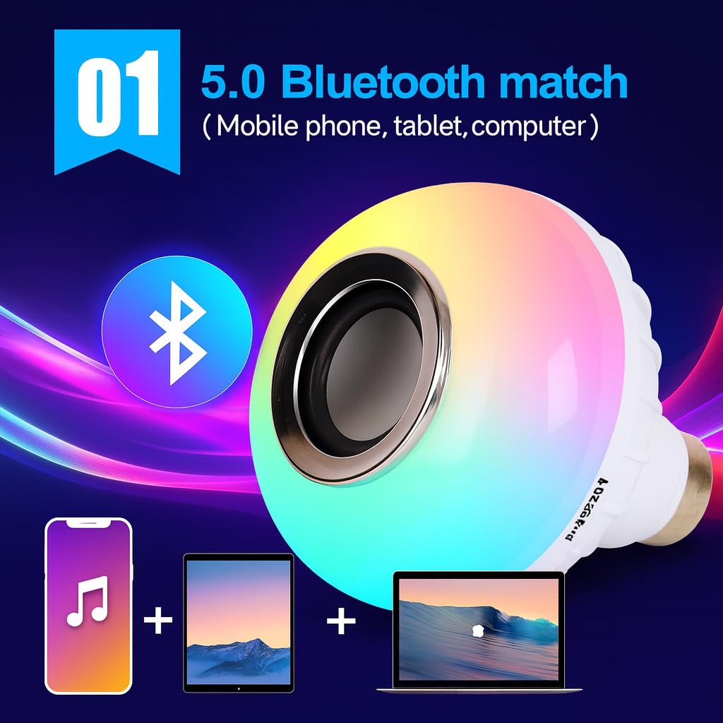12W Bluetooth Music LED Bulb with Speaker – RGB Color Changing B22 Bulb with Remote (16 Colors)