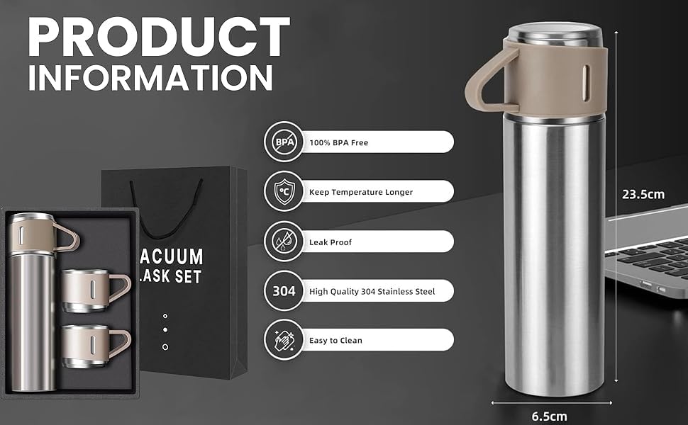 Double Wall Stainless Steel Bottle 500ml – Vacuum Insulated Hot & Cold Water Flask with 2 Cups (Multicolor)