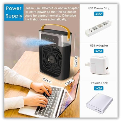 Cooler Fan with Mist Spray | USB Portable AC for Desk, Room, Office, Car | 3-Speed, 360° Airflow, Quiet, Lightweight| For Summer,Travel,Camping,Study