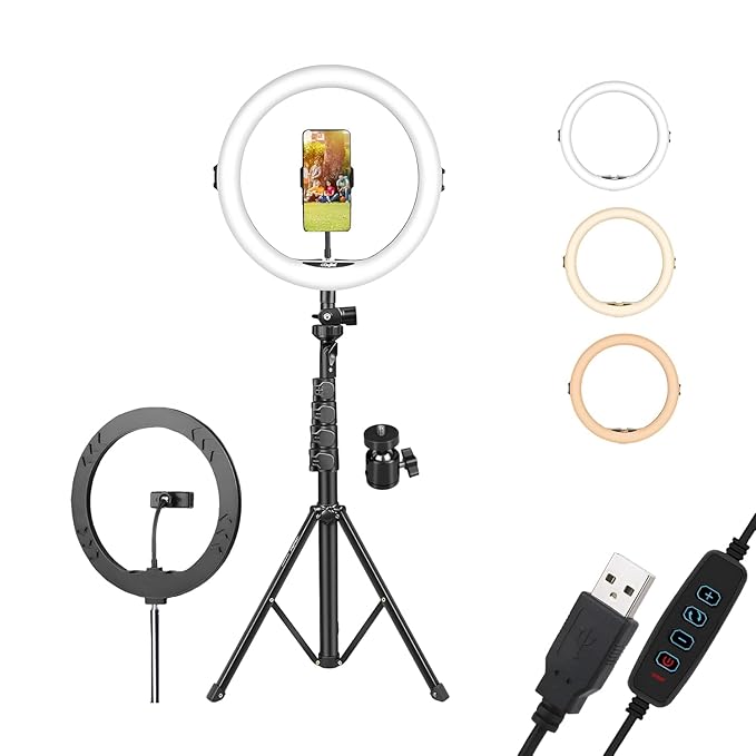 14-Inch LED Ring Light with 5ft Tripod & Phone Holder – USB Powered Dual Color Lighting for Vlogging & Makeup
