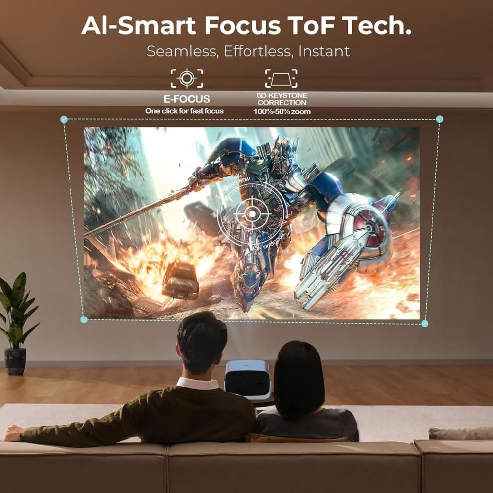 D&T Pro Smart LED Projector 18000 Lumens – 1080p Native, 4K Support, Auto Focus & Keystone, WiFi, Bluetooth 5.2