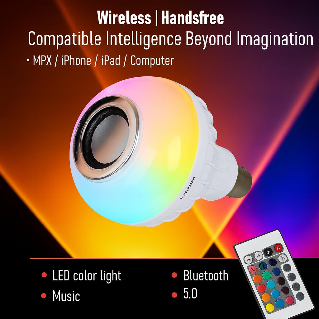 12W Bluetooth Music LED Bulb with Speaker – RGB Color Changing B22 Bulb with Remote (16 Colors)