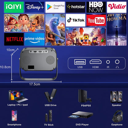 D&T Pro Smart LED Projector 18000 Lumens – 1080p Native, 4K Support, Auto Focus & Keystone, WiFi, Bluetooth 5.2