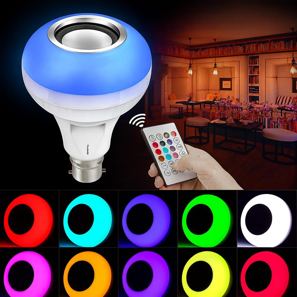 12W Bluetooth Music LED Bulb with Speaker – RGB Color Changing B22 Bulb with Remote (16 Colors)