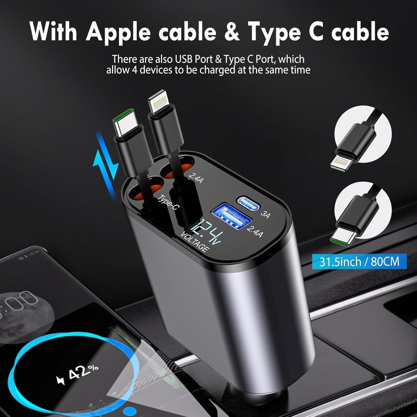 120W Fast Car Charger – Retractable Type-C Cable & 4-Port Universal Mobile Charger for All Devices
