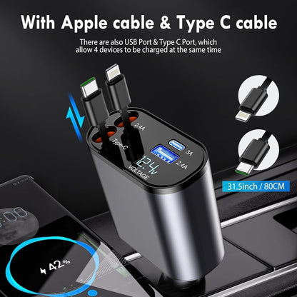 120W Fast Car Charger – Retractable Type-C Cable & 4-Port Universal Mobile Charger for All Devices