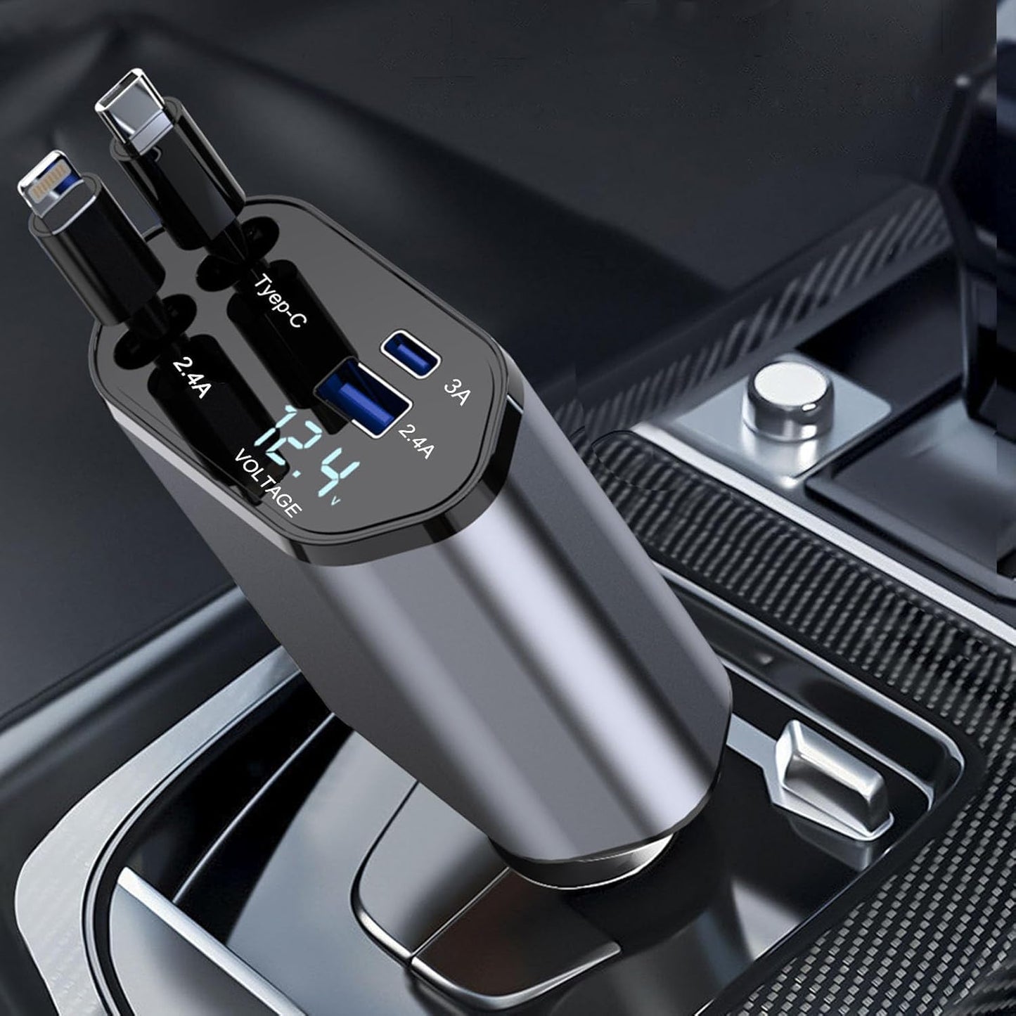 120W Fast Car Charger – Retractable Type-C Cable & 4-Port Universal Mobile Charger for All Devices