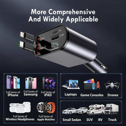 120W Fast Car Charger – Retractable Type-C Cable & 4-Port Universal Mobile Charger for All Devices
